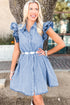 Playful Spirit Double Ruffle Sleeve Collared Denim Mini Dress